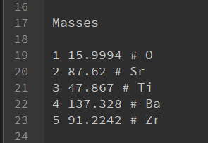 Screenshot of the masses table in a LAMMPS data file