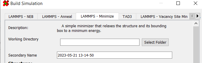 Minimizer tab of the simulation builder dialog