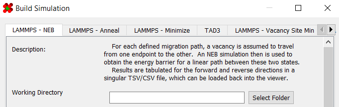 NEB tab of the simulation builder dialog