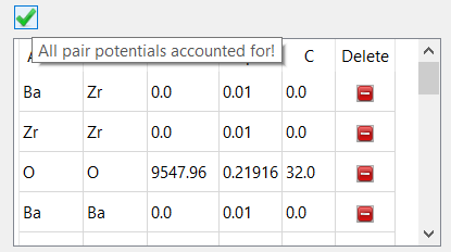 Potential coefficient table with all required pair potentials