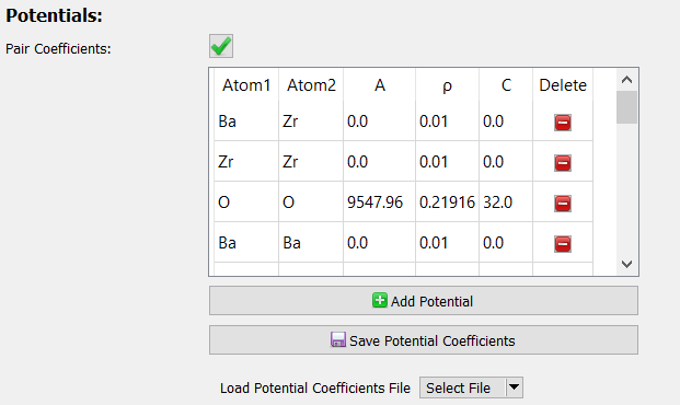 Screenshot of the potentials options area in the dialog